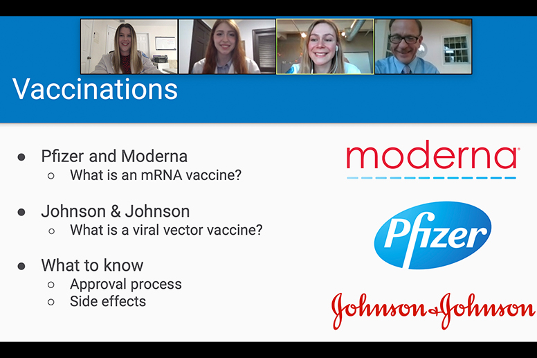 Rachel Simon, Ciara O’Connell and Lena Shally with immunology professor, Michael Sulzinski, PhD