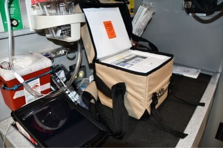 A cooler containing two units of type O blood for Geisinger Life Flight.