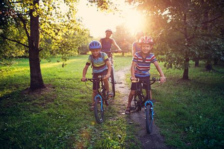 Family riding bikes in the park on Family Health and Fitness Day.