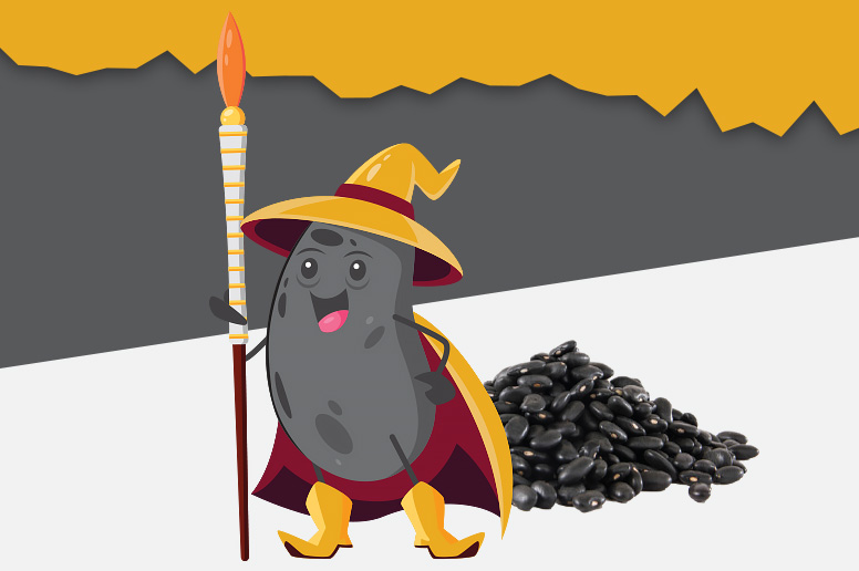 An illustration of a happy cartoon bean in a wizard costume holding a candle, beside a pile of beans.