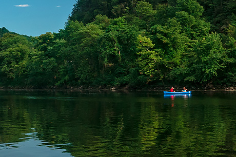 A blue canoe is paddled down a river in the summer.