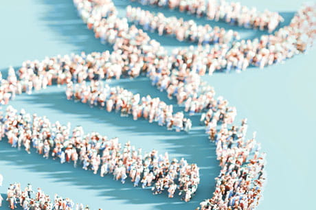 A photo illustration featuring healthcare workers in the shape of a helix.
