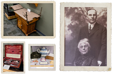 Oak exam table (circa 1900); portrait of Abigail Geisinger with Harold Foss, MD; teapot and other items that belonged to Abigail Geisinger; late 17th-century neurosurgical instrument kit.